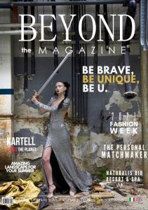 copertina della rivista Beyond the Magazine con modella con abito Maddalena Triggiani che regge spada