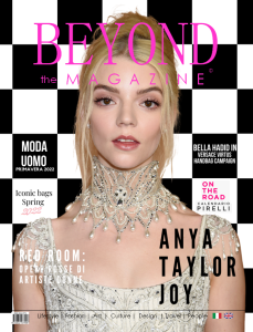 copertina della rivista Beyond the Magazine con attrice Anya Taylor Joy con abito bianco e collana